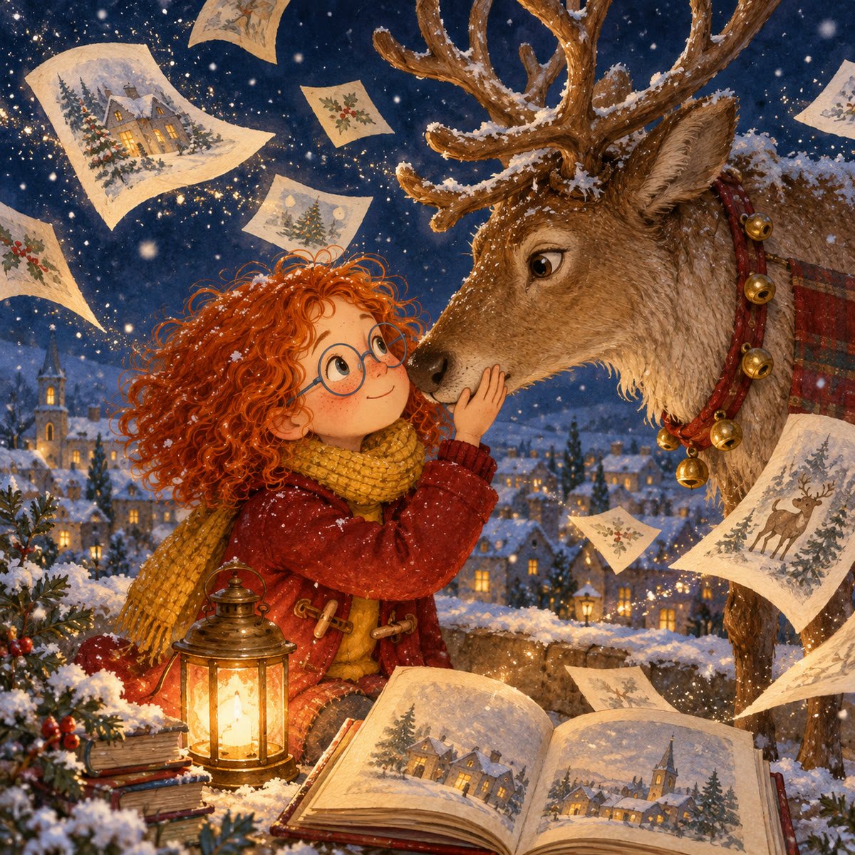 Léa et un renne de Noël entourés des pages magiques de son livre